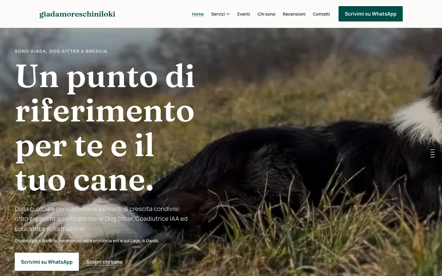 Homepage di giadamoreschiniloki con navigazione, proposta di valore, Loki e invito al contatto su WhatsApp