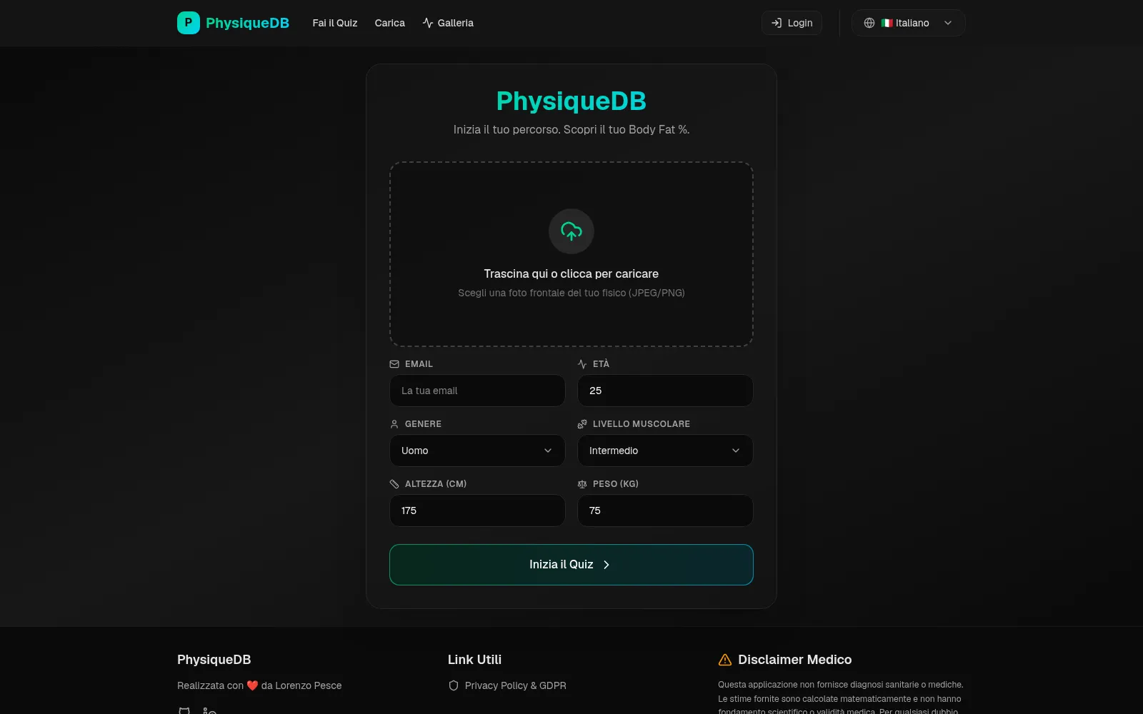 Onboarding di PhysiqueDB con caricamento della foto e campi per iniziare il quiz adattivo